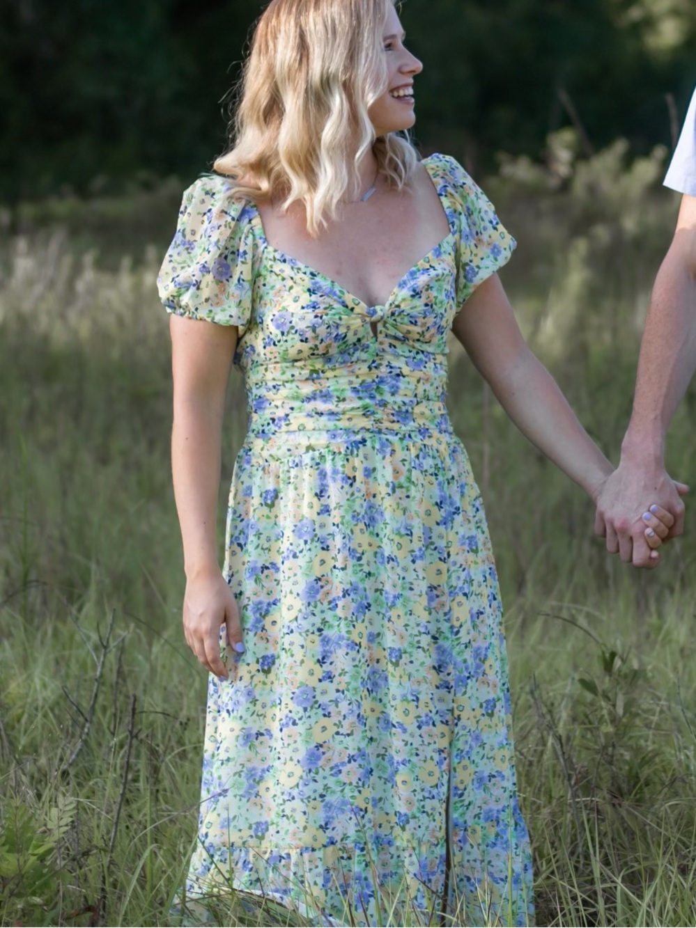 Astr Yellow Floral Midi Dress with Blue & Green Print